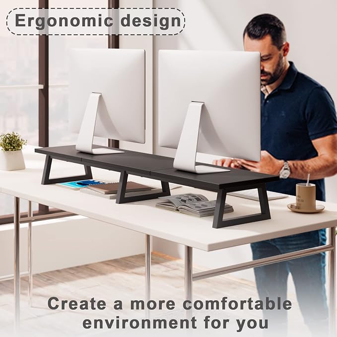 TEAMIX 42 inch Large Dual Monitor Riser, Desk Organizer Stand for TV Laptop | Extra Long Computer Stand Shelf, Wood & Steel TV Riser, Holds 300lbs, Keyboard & PS5 Storage Below, For Home Office & Gaming