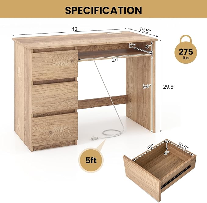 DREAMADE 42" Computer Desk with 3 Drawers and Keyboard Tray, Natural | Wood Study Desk with Storage, Built-in Charging Station & Slide Out Tray, Writing Table for Home Office Studyroom & Bedroom