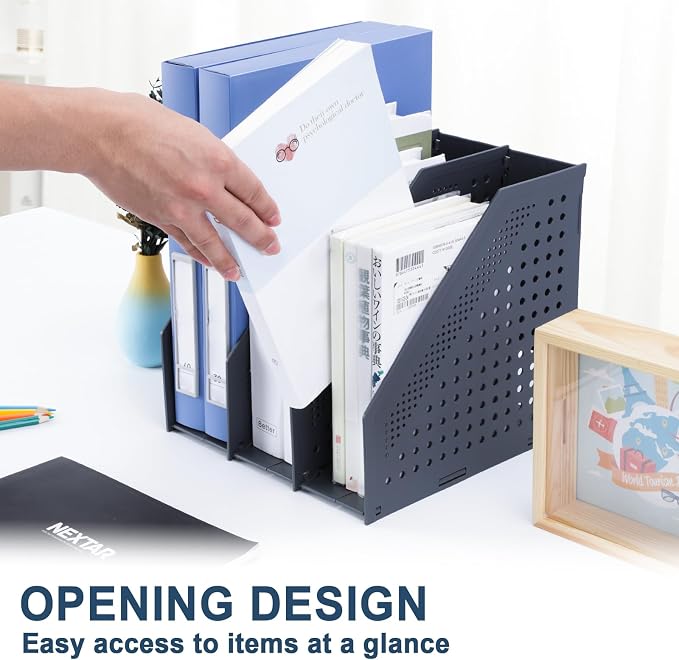 FRETONBA Collapsible Magazine File Holder, 3 Vertical Compartments | Foldable Space-Saving, Sturdy Plastic Binder Holder, Compact for Desk or Shelf, for Office & Home, Easy Access, Dark Gray
