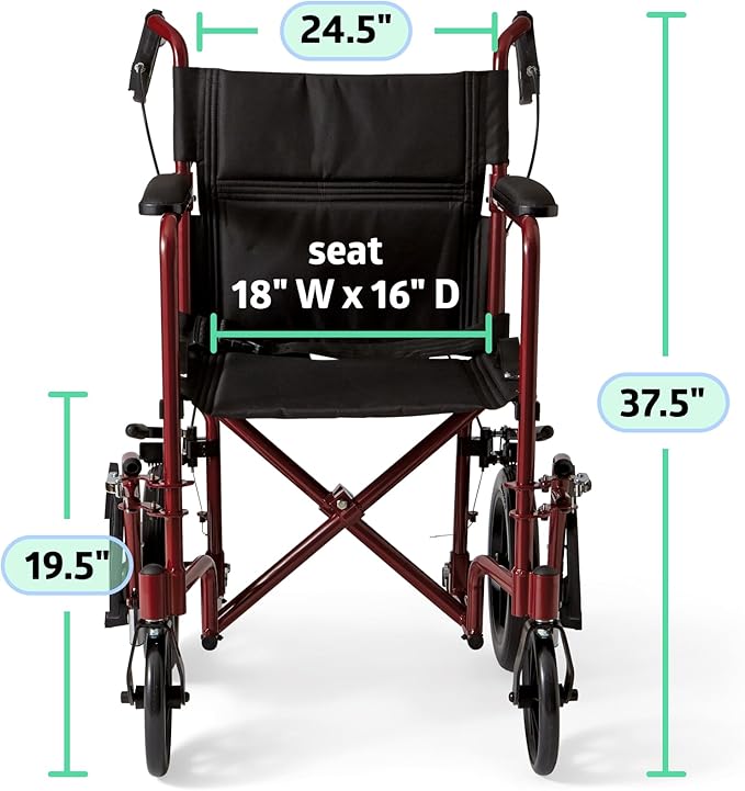Medline Lightweight Foldable Transport Wheelchair with Handbrakes and 12-Inch Wheels, Red Frame, Black Upholstery