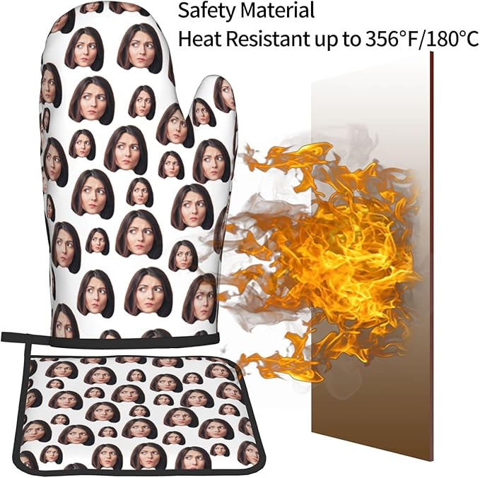 Custom Oven Mitts and Pot Holders Personalized with Your Face, Baking Gifts for Women for Kitchen Cooking, BBQ, Grillin-Style2, 2 Oven Mitts+ 2 Pot Holders