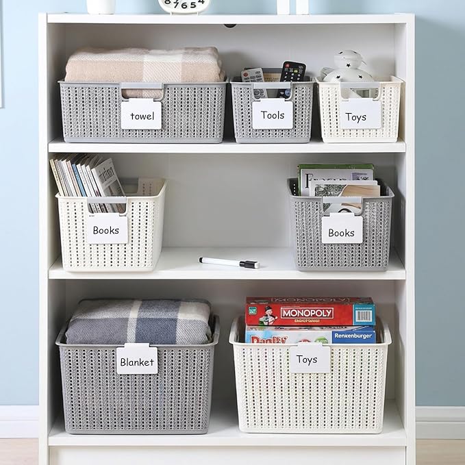 32Pcs Basket Labels Clip On Set - Include 30 Clip On Labels for Storage Bins with 2 Chalk Markers, PVC Removable Label Holders Basket Tags Label Clips for Kitchen Pantry Storage Bin (White)