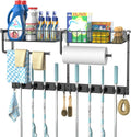 Broom Holder Wall Mount, Broom and Mop Organizer Wall Hanging with Paper Towel Holder & Removable Anti-fall Basket, Wall Mount Cleaning Supplies Organizer for Laundry Room, Apartment, Utility Room