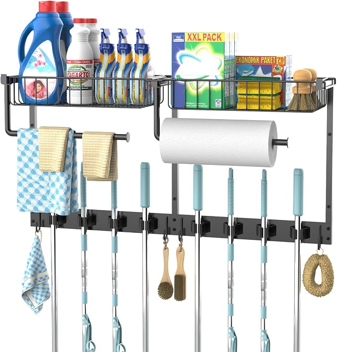 Broom Holder Wall Mount, Broom and Mop Organizer Wall Hanging with Paper Towel Holder & Removable Anti-fall Basket, Wall Mount Cleaning Supplies Organizer for Laundry Room, Apartment, Utility Room