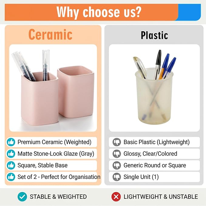 Ceramic Pen Holder Set of 2, Matte Square Pencil Cup for Desk, Heavyweight Stoneware Desk Organizer for Office Front Desk & Vanity, Modern Pen Cups Holder, Non-Slip Base - Matte pink