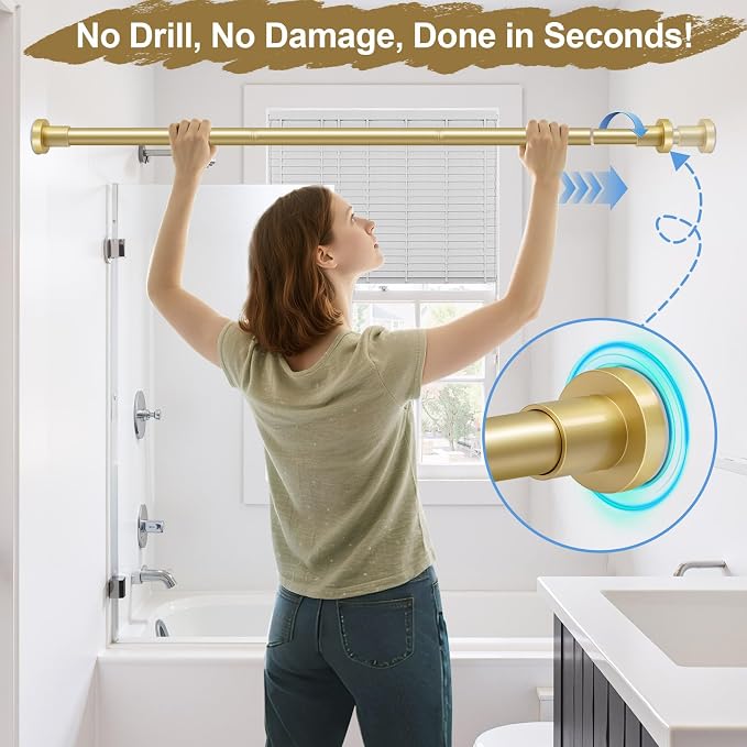 YNL Gold Shower Curtain Rod 32-64 Inch(2.7-5.33ft), Non-Slip, Never Rust, Stainless Steel No Drill Spring Tension Shower Rod, Adjustable Curtain Rod for Small Window Doorway Closet