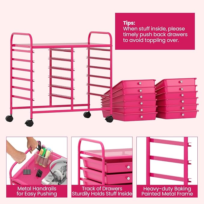 LDAILY 12 Drawer Rolling Storage Cart, Craft Cart Organizer on Wheels w/Metal Frame, Large Capacity & Smooth Drawer, Rolling Cart w/Drawers for Classroom, Office