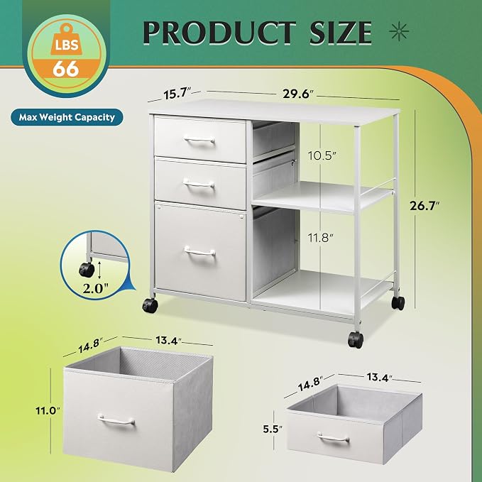 DEVAISE 3 Drawer Mobile File Cabinet with Open Storage Shelf | Rolling Printer Stand, Fabric Lateral Filing Cabinet fits A4 or Letter Size for Home Office, White With Texture