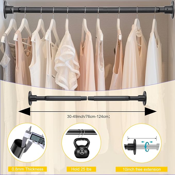 Closet Rod, 30 to 49 inch Adjustable Closet Rods for Hanging Clothes, Heavy Duty Closet Hanging Rod, Black Closet Hanger Poles, Metal Closet Hanging Bar for Wardrobes Laundry, Drilling Installation