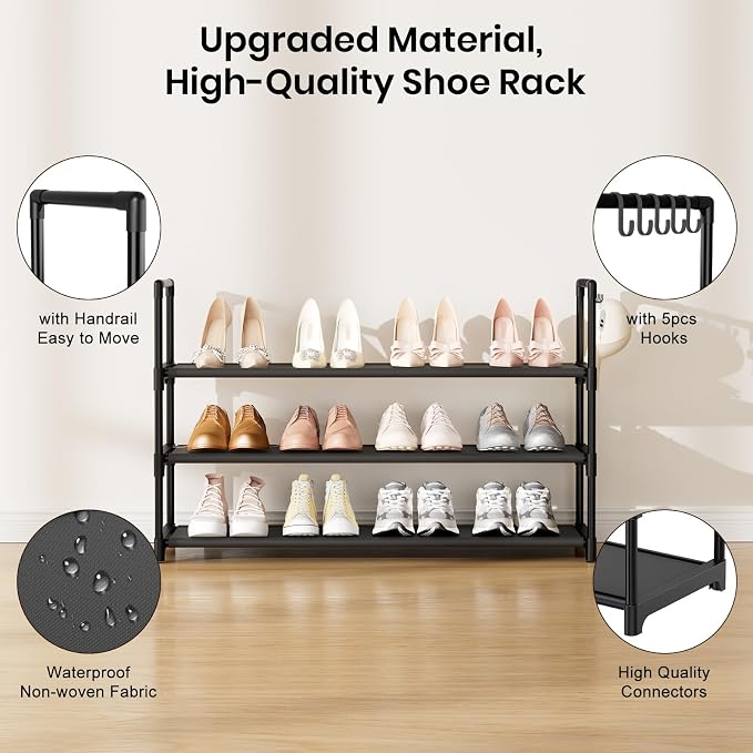 VILICK Shoe Rack for Closet Shoe Organizer Space Saver Storage for 12-15 Pair Shoe Shelf with Hook Free Standing 3 Tier Shoe Rack Organizer for Entryway, Small Spaces, Black