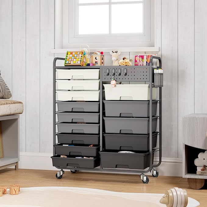Rolling Storage Cart with Drawers, Storage Organizer Cart with Wheels and Wooden Tabletop,Utility Cart for Living Room, Classroom, Bedroom,Bathroom,Dorm,Office (Grey)