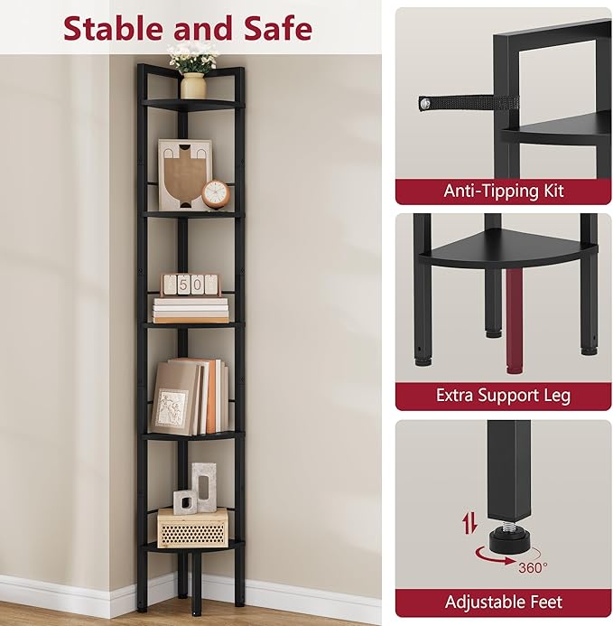Tajsoon Narrow Corner Shelf Stand 5 Tier 60.5" Industrial Corner Ladder Shelves with Metal Frame, Multipurpose Tall Corner Bookshelf Bedroom, Living Room, Office, Kitchen, Black