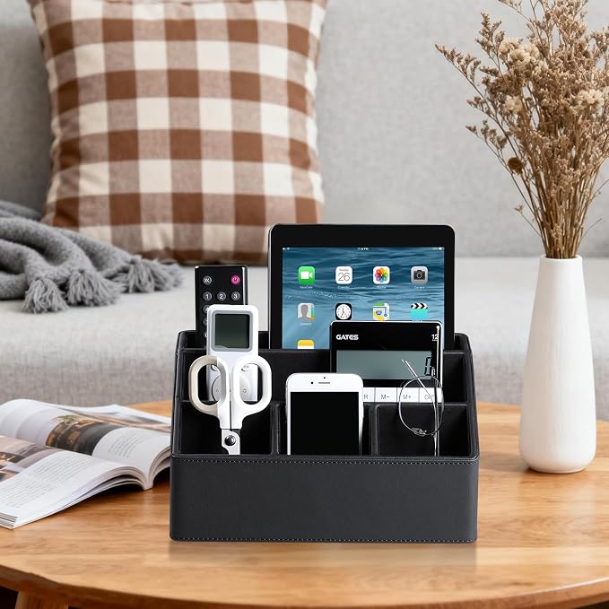 Desk Organizer Caddy with 5 Compartments for Office Art Supplies, PU Leather Nightstand Organizer Pencil Pen Desk Caddy for Home, Desktop TV Remote Control Holder Storage (Black)