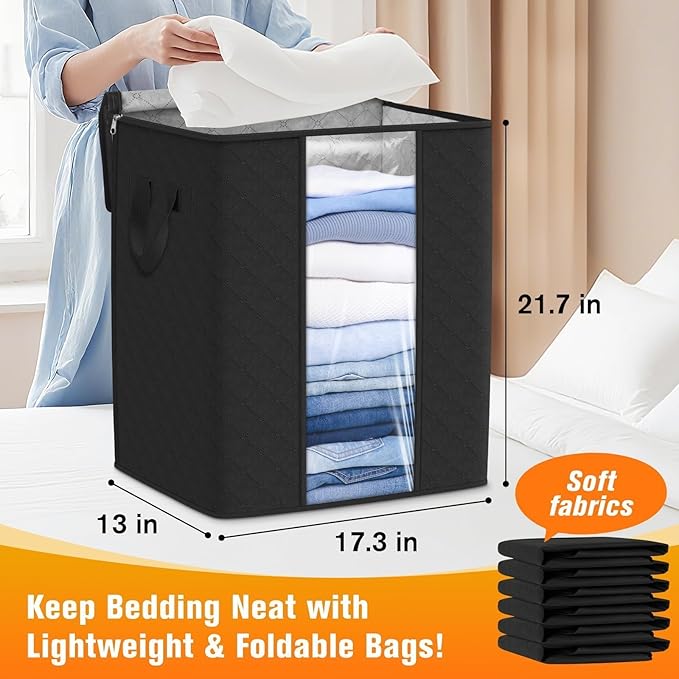 SpaceTrove Clothes Storage Bags, 6-Pack Comforter Blanket Organizers, 80L Large Capacity Containers with Visual Window for Clothing, Quilt, Sheet, Pillow, Closet Organization for Bedding (Black)