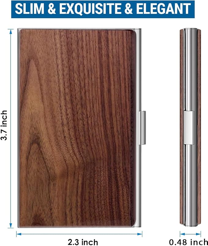MaxGear Stainless Steel Business Card Holder, Slim Card Case, Walnut Wood | Soft Interior Lining, Buckle Closure, Fits Standard Business Cards and Credit Cards