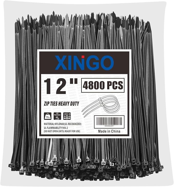 XINGO 12 Inch Black Zip Ties 4800 PCS, 75 LBS Ultra Strong Tensile Strength, UV Resistant Cable Ties, Self-locking Plastic Ties for Indoor and Outdoor Use