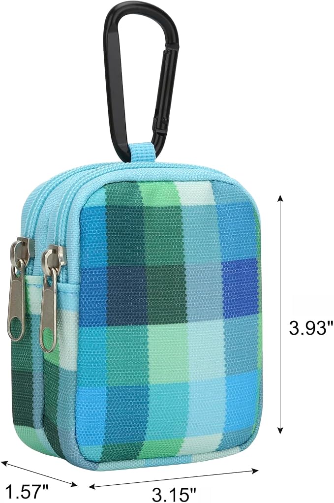 E-Tree Coin Purse with Carabiner Clip, Dual Layer Card Case Holder, Mini Pouch for AirPod Earphone Keychain USB Cable,Wallet, Small Accessories Organizer Bag for Women and Men (Blue Checkered)