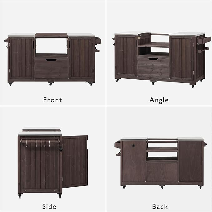 Amposei Outdoor Grill Cart Table for Large Big Green Egg Accessories 66.5’’ Solid Wood Kitchen Storage Island Prep Station with Stainless Steel Top for BBQ, Dark Brown