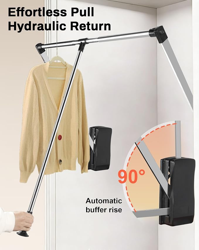 Pull Down Closet Rod, 33–45 in Adjustable, 44 lbs Capacity | Polished Metal Surface, Two-Way Buffering System, Smooth Pull-Down Access, Side-Mounted Design, Space-Saving Closet Organizer
