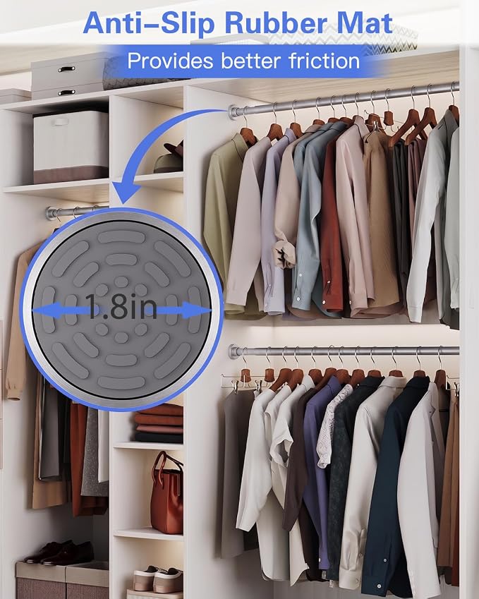 Closet Rod, No Drill Tension Closet Rod for Hanging Clothes, 17-99in,Silver | Quick Tool-Free Install, Non-Slip Rubber Ends Grip Securely, Heavy-Duty Rod Supports Up To 66 lb In Closet, Laundry Rooms, RV