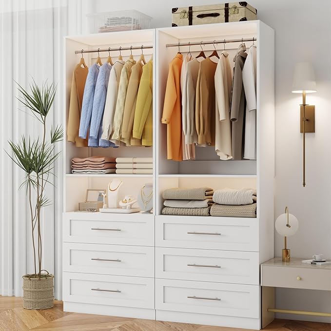 Closet System with 6 Drawers, Modular Closet Organizer System with 4 Hanging Rod, Custom Closet Storage Solution for Small Walk-In CLoset, 2 Sets, White (4FT)