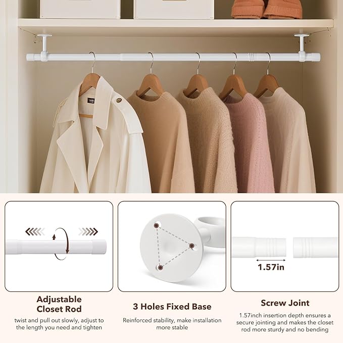 SUTINE Closet Rod, Closet Rods for Hanging Clothes, 17 to 67 inch Adjustable Ceiling/Wall mounted Closet Hanging Rod, Heavy Duty Clothes Rod Clothing Bar, Closet Poles for Hanging Clothes for Wardrobe