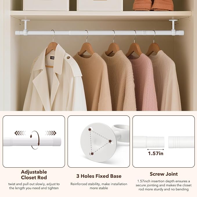SUTINE Closet Rod, Closet Rods for Hanging Clothes, 17 to 37 inch Adjustable Ceiling/Wall mounted Closet Hanging Rod, Heavy Duty Clothes Rod Clothing Bar, Closet Poles for Hanging Clothes for Wardrobe