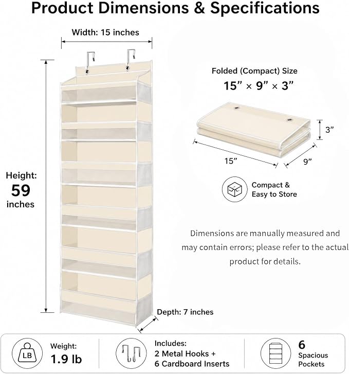 Over The Door Storage Organizer - Hanging Storage Organizer for Pantry Bedroom of Door Organizer 6 Large Pockets 12 Side mesh Pockets and 6 Bottom Panels Beige