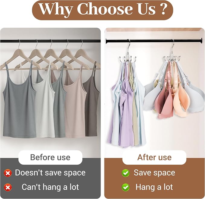 2 Packs Bra Hanger for Closet, Stackable Tank Top Organizer 16 Hooks for Closet Organization and Storage, Stainless Steel Space Saving Clothes Hook Hanger for Belt, Tank Top, Bra, Tie, Scarves