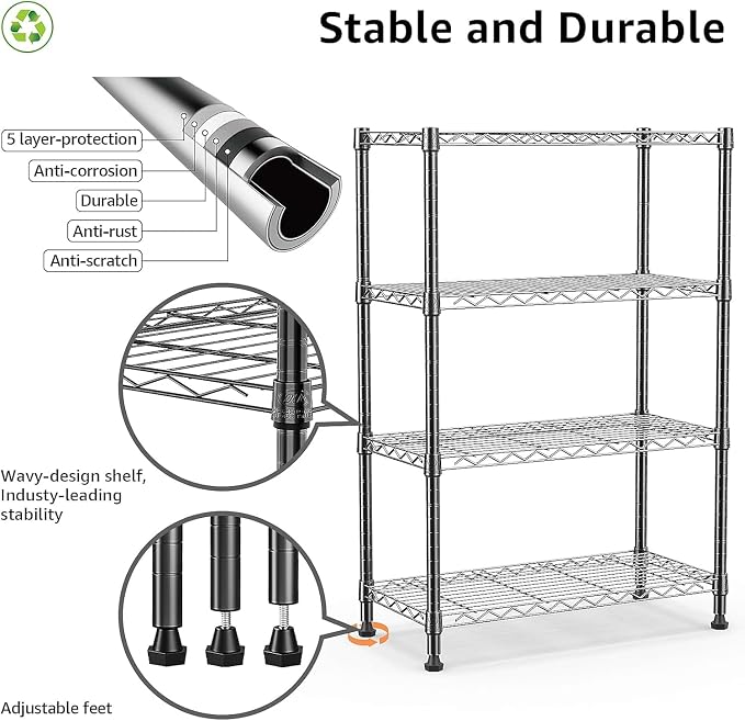 Xcity Storage Shelves, 4 Tier Heavy Duty Metal Shelving Unit, 1600 LBS Adjustable Steel Wire Shelf for Commercial, Pantry, Kitchen, Garage, 14" D x 36" W x 54" H, Black