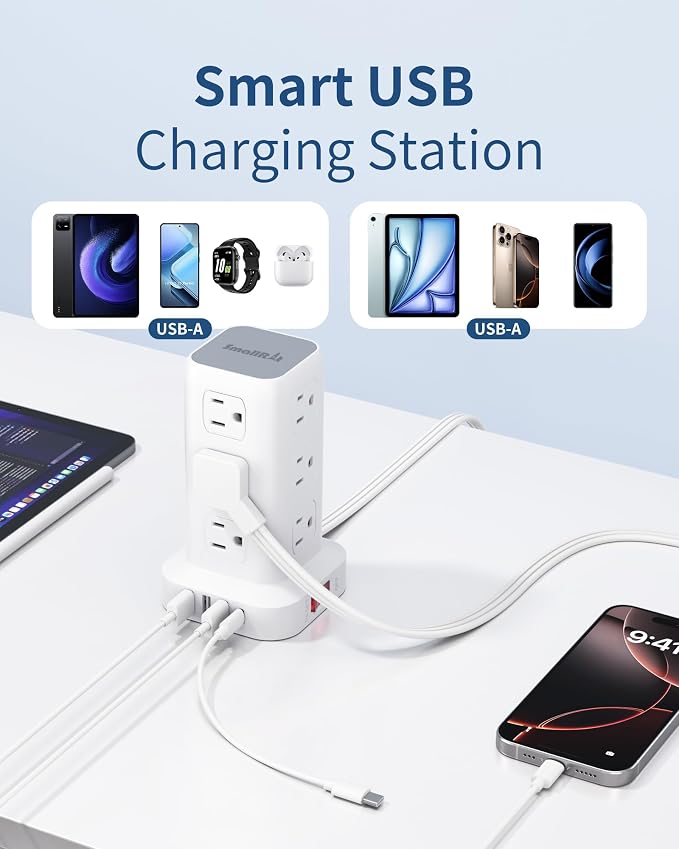 Extension Cord with Multiple Outlets, SMALLRT Flat Plug Power Strip Tower with USB 12 AC Outlets, 6.5FT Ultra Thin Extension Cord Outlet Extender for Home Office, Overload Protection