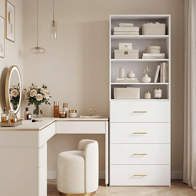 25.5" Closet Organizer Tower, White MDF Closet System with Adjustable Shelves and 4 Drawers, Wall-Mounted Wardrobe Storage Cabinet for Bedroom, Walk-In Closet and Dressing Room Storage