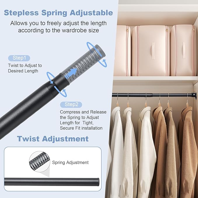 Closet Rods For Hanging Clothes,17-69 Inches Stepless Spring Adjustable Closet Rod With bracket U-shaped,1.3 Inches Heavy Duty Closet Hanging Rod For Wardrobe,Laundry room,Bathroom And Windows