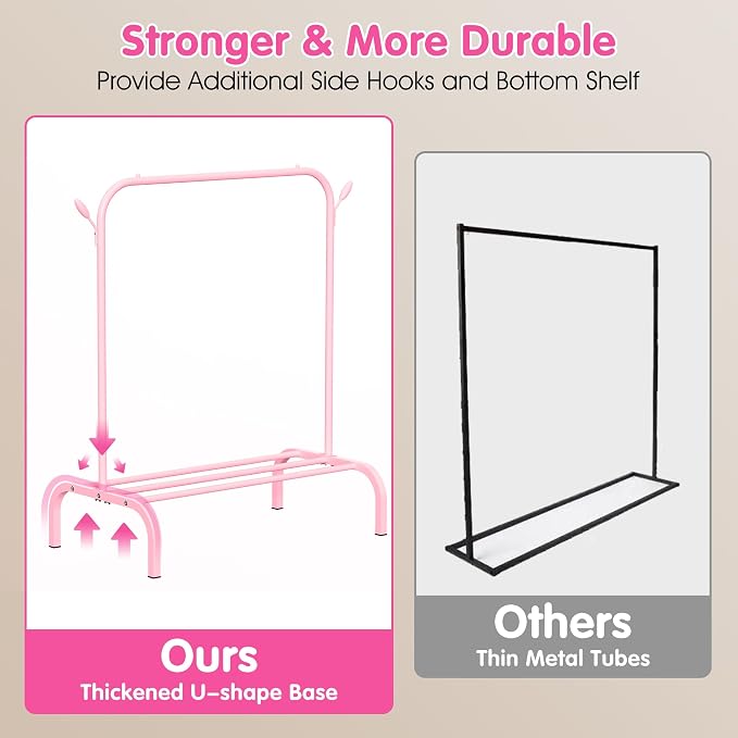 Kids Clothes Rack for Ages 3-6, Montessori Kids Clothing Rack, Pink | Kids Dress up Rack with Bottom Shelf & Side Hooks, Toddler Wardrobe Rack for Bedroom, Playroom, Nursery & Small Room Storage