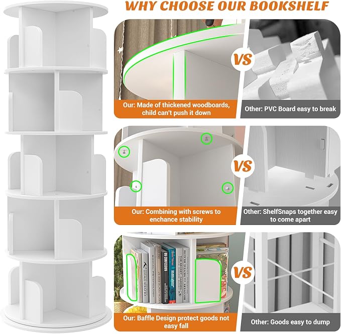 Aheaplus 5 Tier Rotating Bookshelf, Wood Spinning Bookshelf Tower, Round Revolving 360 Bookcase, Narrow Turning Book Shelf Rolling Corner Organizer for Small Space, Bedroom, Office, White