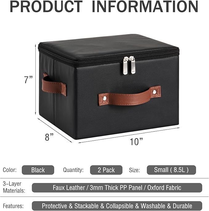 2PCS Storage Bins with Zippered Lid Decorative PU Leather Boxes | Foldable Washable Stackable Basket Container, Lidded Shelf Closet Organizer, with Handles & PP Plastic Boards, Black-Small
