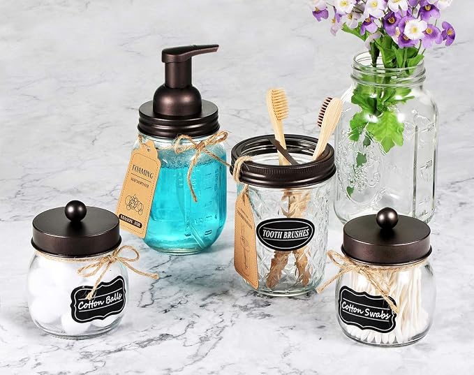 Amolliar Mason Jar Foaming Soap Dispenser Lids, Plastic Pump Rustproof Stainless Steel Lid, Refillable Hand Soap, Kitchen Rustic Farmhouse Decor, Bathroom Accessories, Waterproof Labels, Bronze 2 Pack