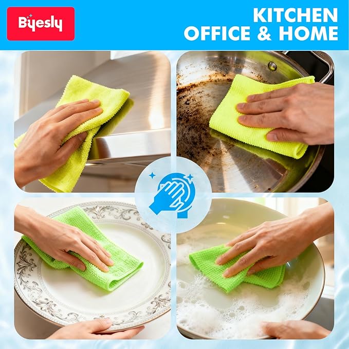 24-Pack Microfiber Cleaning Cloth, 11.5x11.5 Microfiber Towels for Cars, Dishes & House, For Detailers, Chefs & Efficient Home | Scratch-Free, Lint-Free, Ultra Absorbent(Green/Blue/Yellow/Pink)