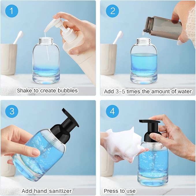 250ml 2 Pack Reusable Glass Foaming Dispenser Bottles Refillable Pump Containers for Shower Gel,Soap & Skincare Solutions