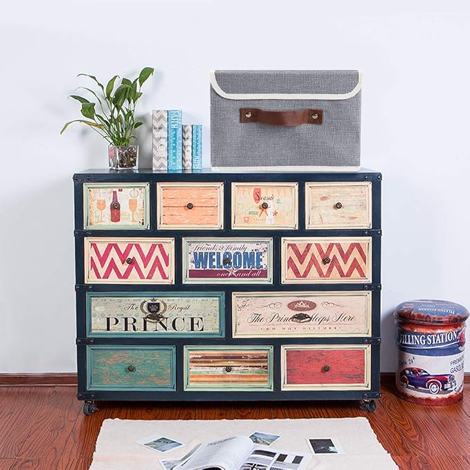 2Pack Storage Bins Boxes with Lids 10" x 8" x 7" Decorative Storage Baskets | Cotton Linen Fabric, Collapsible, Faux Leather Handles, Storage Cubes, Closet Shelf Clothes Organizer Container, Grey