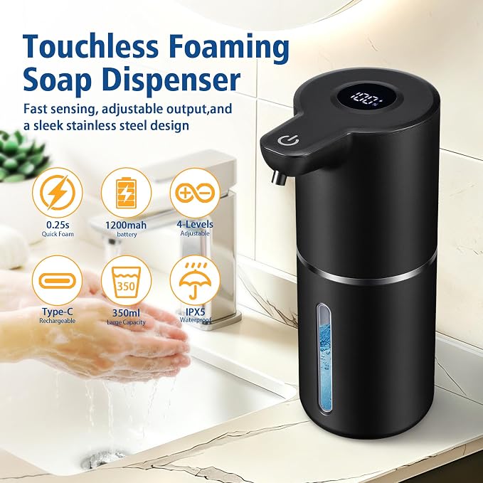Automatic Liquid Soap Dispenser Touchless | USB Rechargeable Smart Hand Soap Dispenser, 4-Level Adjustable, 12oz Wall Mounted for Bathroom Kitchen(Black, Liquid)