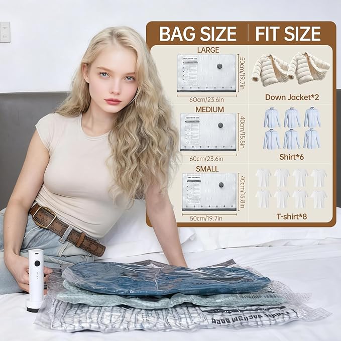 Vacuum Bags for Travel with Wireless Rechargeable Pump, 15 Pack Carry-on Size Compression Packing Seal Bags for Luggage and Suitcase, Space Saver Vacuum Storage Bags for Clothes and Clothing Travel