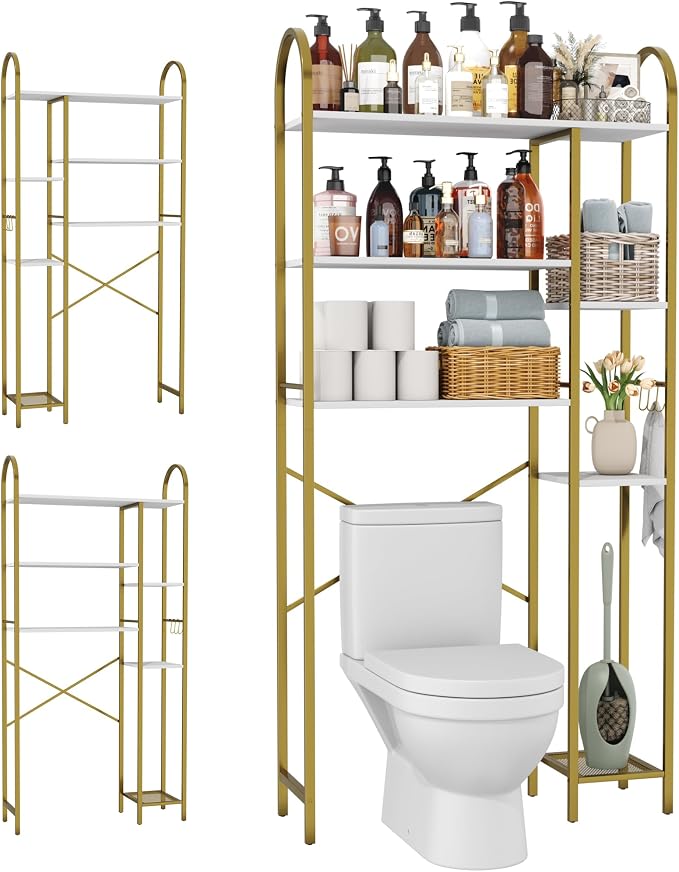HOMEFORT Over The Toilet Storage with Side Rack, 6-Tier Over Toilet Storage Rack with Adjustable Shelf, Space Saver Bathroom Organizer for Laundry, Balcony, Kitchen,31.5" W x 9.4" D x 65" H, Gold