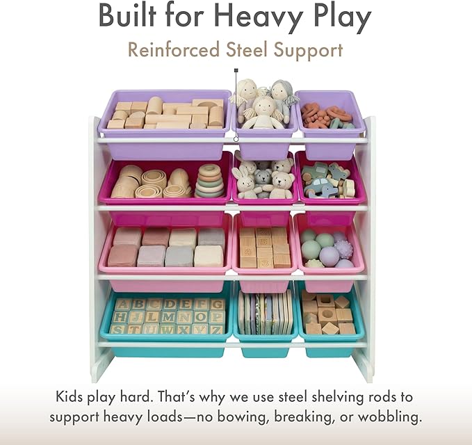 Humble Crew Toy Storage Organizer with 12 Removable Storage Bins for Kids Playroom, 4-Tier Toddler Toy Organization and Storage, White/Pink/Purple/Turquoise