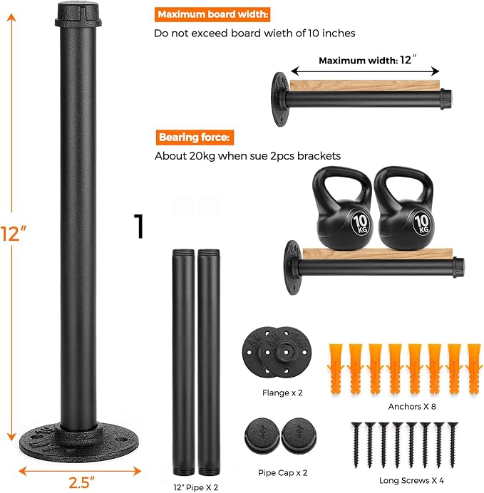 12 Inch Black Industrial Pipe Floating Clothing Rack Wall Mounted, Heavy Duty Garment Rack for Hanging Clothes, Multi-purpose Hanging Rod for Closet Storage, 4 Pack