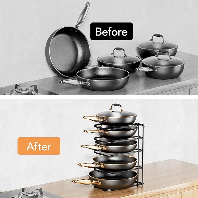 ORDORA 2 Pack Pots and Pans Organizer under Cabinet 13.58" Tall, 5-Tier Pan Organizers inside Cabinet, Space Saving Kitchen Storage Pot Rack for Baking Pan Cast Iron Skillets Cookware - No Assembly