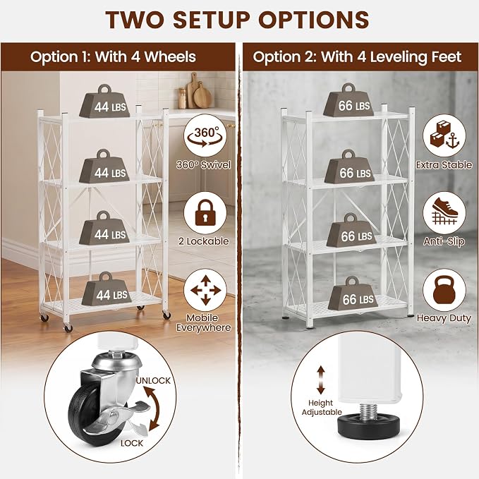 ALANNG 4 Tier Folding Storage Shelf on Wheels,Heavy Duty Metal Rolling Cart | 264 lbs Capacity, No Tools Assembly, Folds to 3.9", Lockable Casters, Portable for Kitchen Laundry Garage