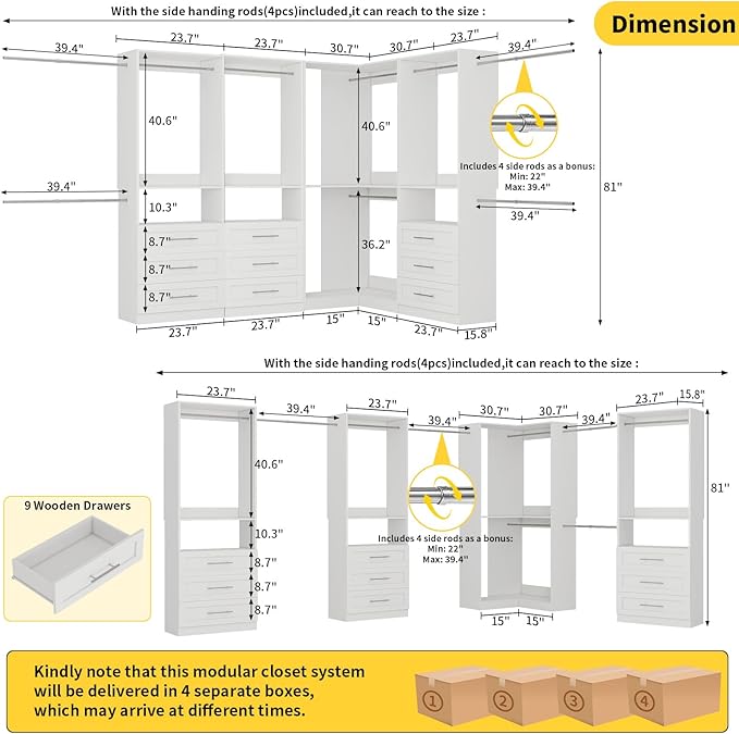 Closet System with 9 Drawers, Corner Closet Organizer System with 9 Hanging Rods Walk in Wooden Modular Closet Storage System L-Shaped 4 Sets, 2800+ Lbs Capacity White