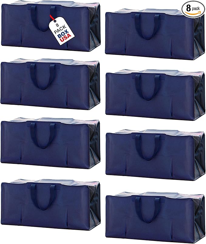 BOX USA 8-Pack Moving Bags with Strong Handles & Zippers - Heavy Duty Extra Large Packing Bags for Storage, Moving Boxes, Dorm & College Supplies, Blue