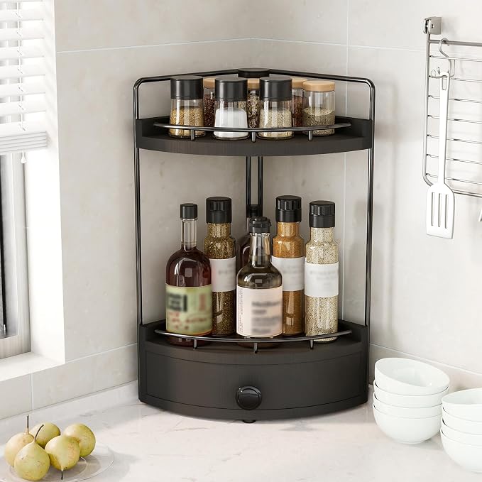2-Tier Corner Bathroom Counter Organizer with Drawer, Black | Embedded Screw Holes, Wooden Countertop Organizers, Space-Saving, Bottom Ventilation Design, Counter Shelf for Vanity